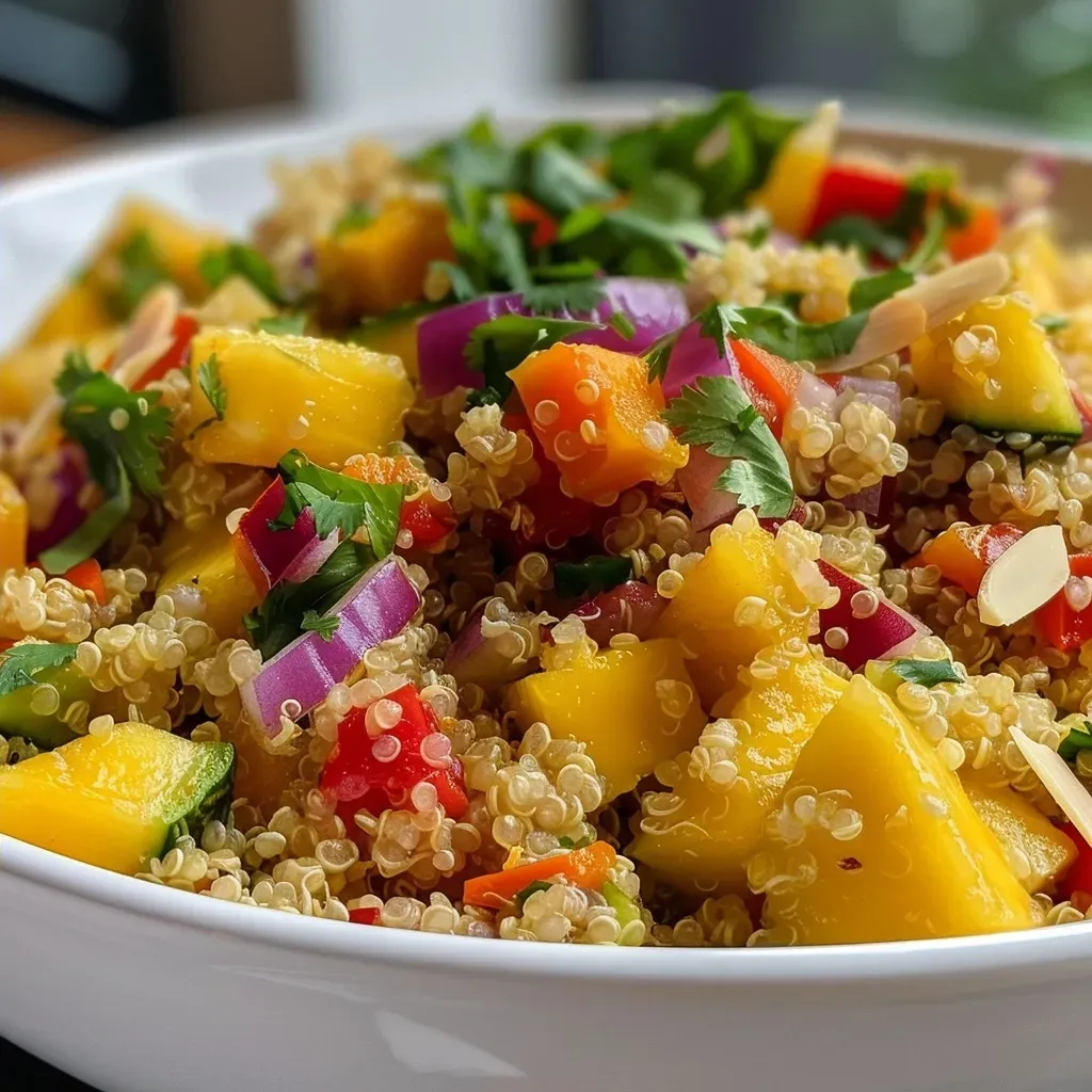 Primer plano de una ensalada fresca con quinoa, mango y piña.