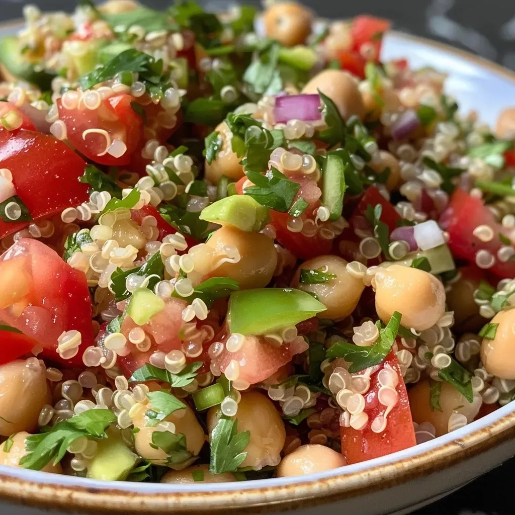 Primer plano de una ensalada vibrante de quinoa con tomates y garbanzos.