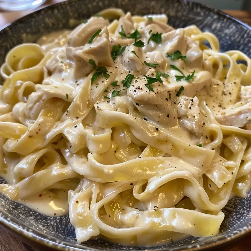 Side angle of Fettuccine Alfredo with chicken, showcasing its creamy texture and pasta.