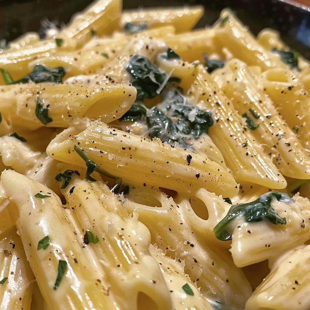 Pasta fettucine en salsa Alfredo cremosa con espinacas frescas, vista lateral.