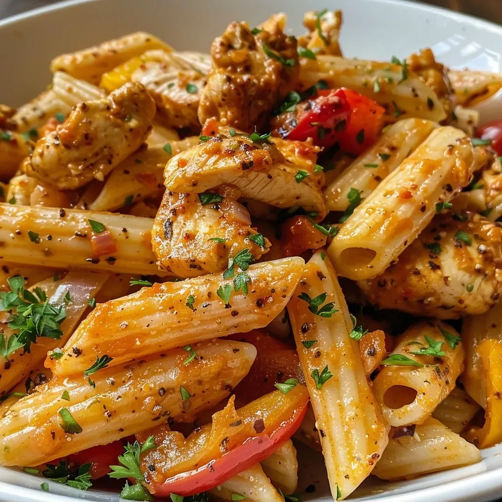 Pasta Cajún saludable con pollo y vegetales en un plato.