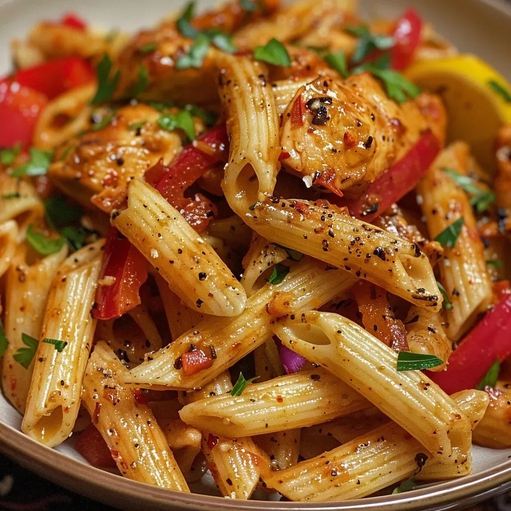 Primer plano de pasta Cajún con trozos de pollo y salsa cremosa.
