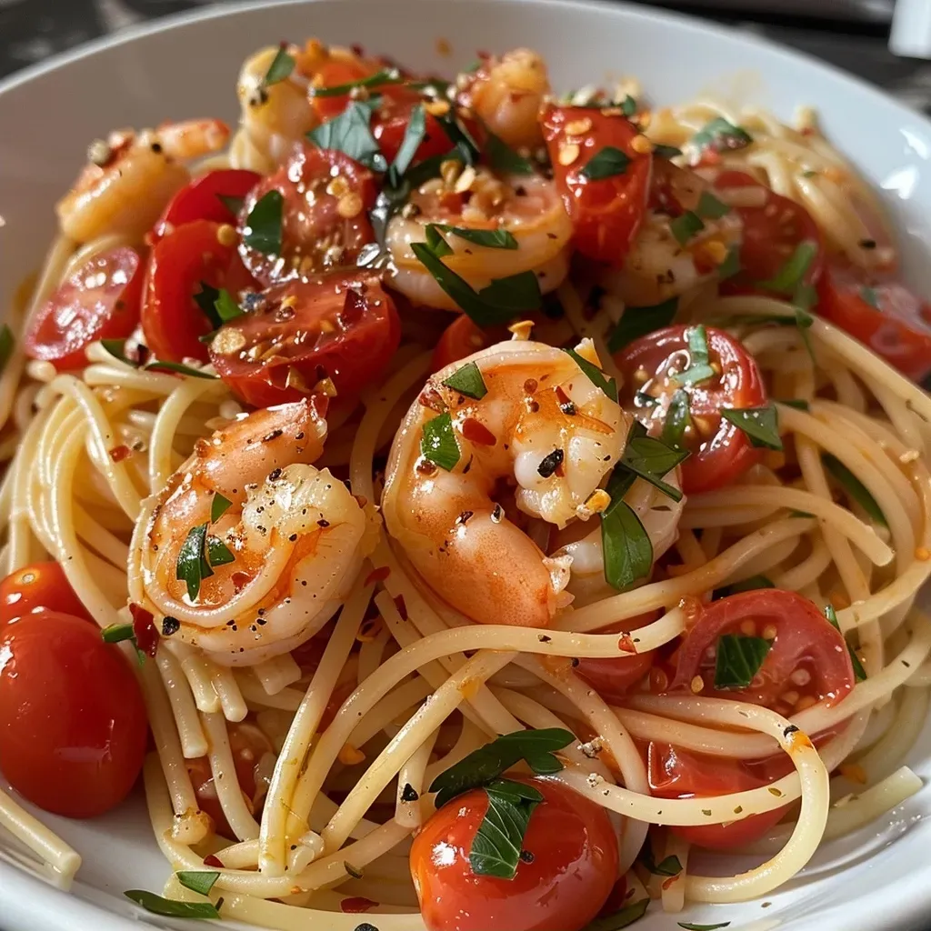 Primer plano de un plato de pasta con camarones y tomates cherry, con ingredientes frescos visibles.