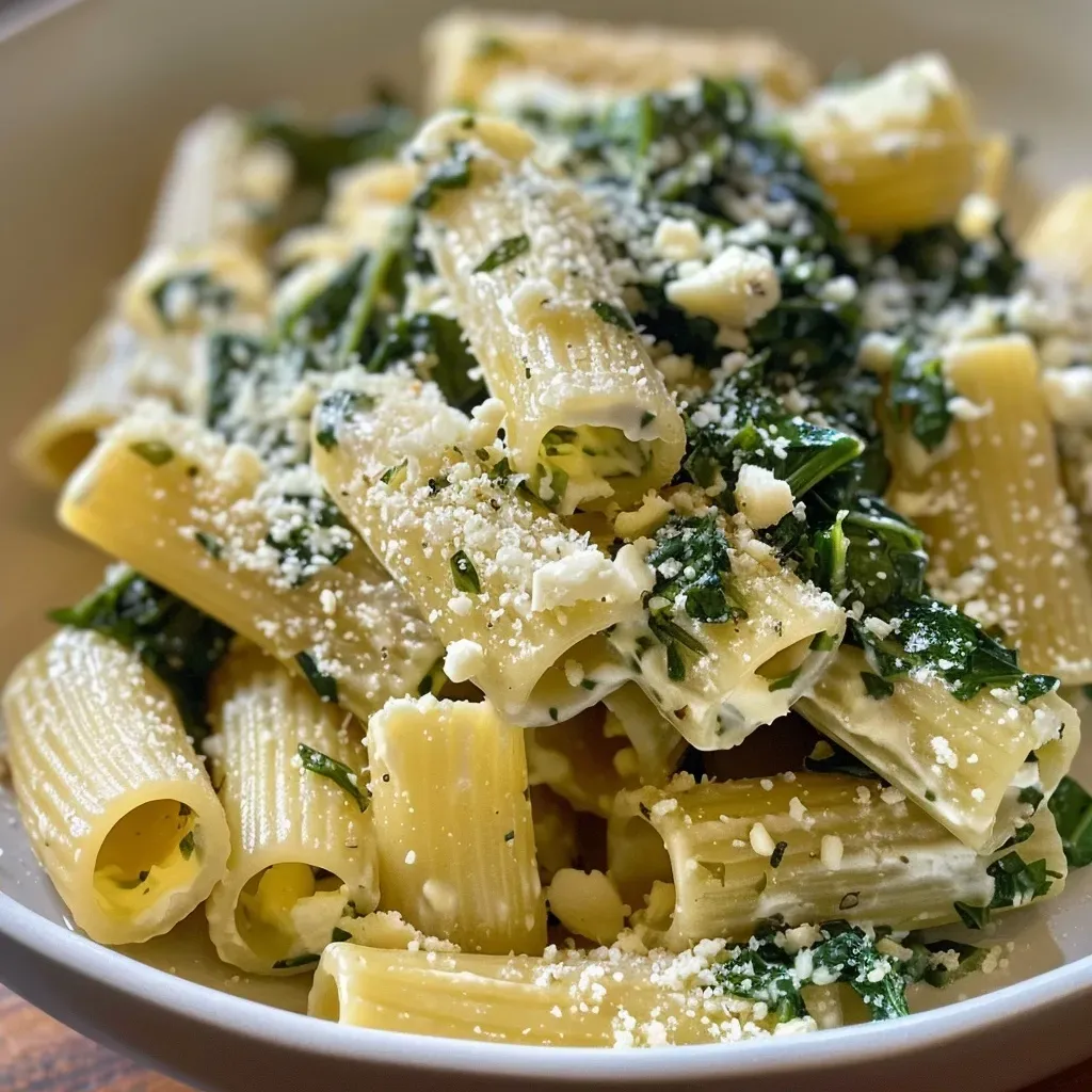 Close-up de un delicioso plato de pasta con espinacas y ricotta.