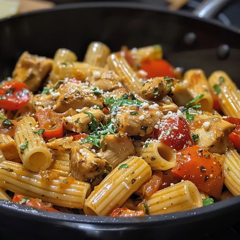 Placa de Pasta con pollo en salsa de tomates secos, vista lateral.