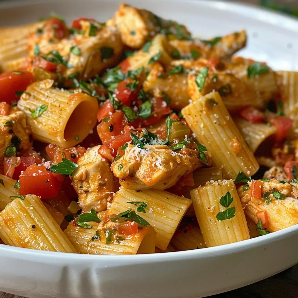 Plato de Pasta con pollo y tomates secos, mostrando textura y color.