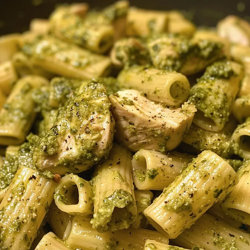 Primer plano de pasta con pollo y pesto sobre un plato blanco.