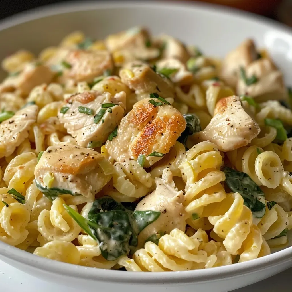 Placa de pasta cremosa con pollo y espinacas, vista lateral.