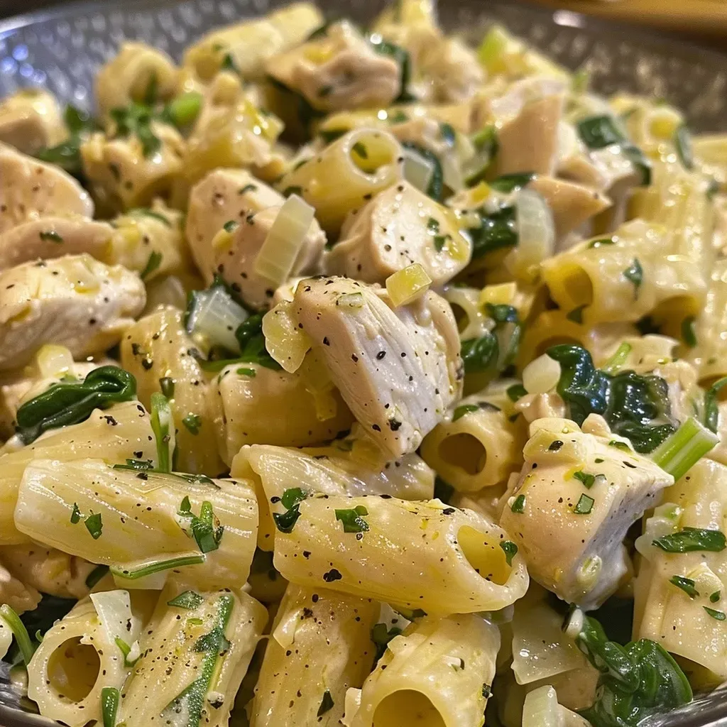 Primer plano de un plato de pasta con pollo y espinacas, listo para servir.