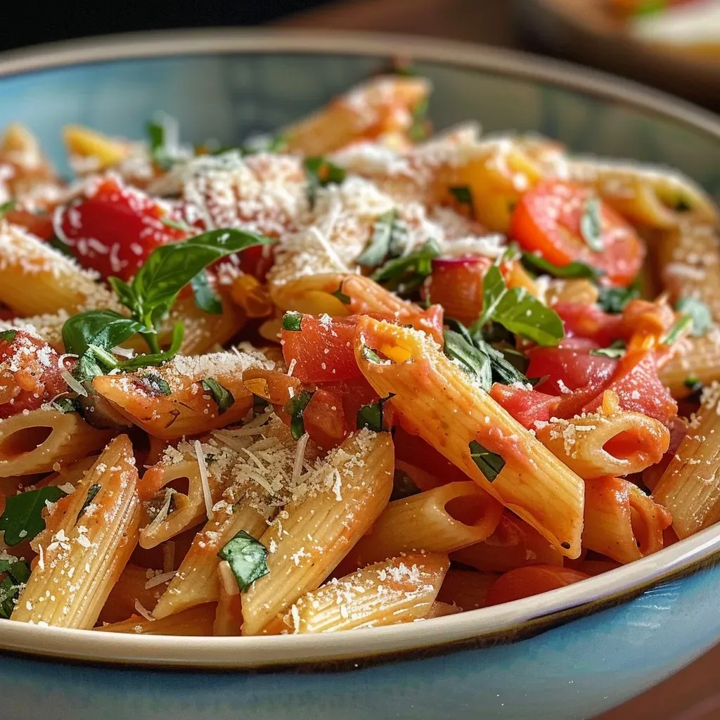 Placa de pasta cremosa con tomates cherry y albahaca fresca.