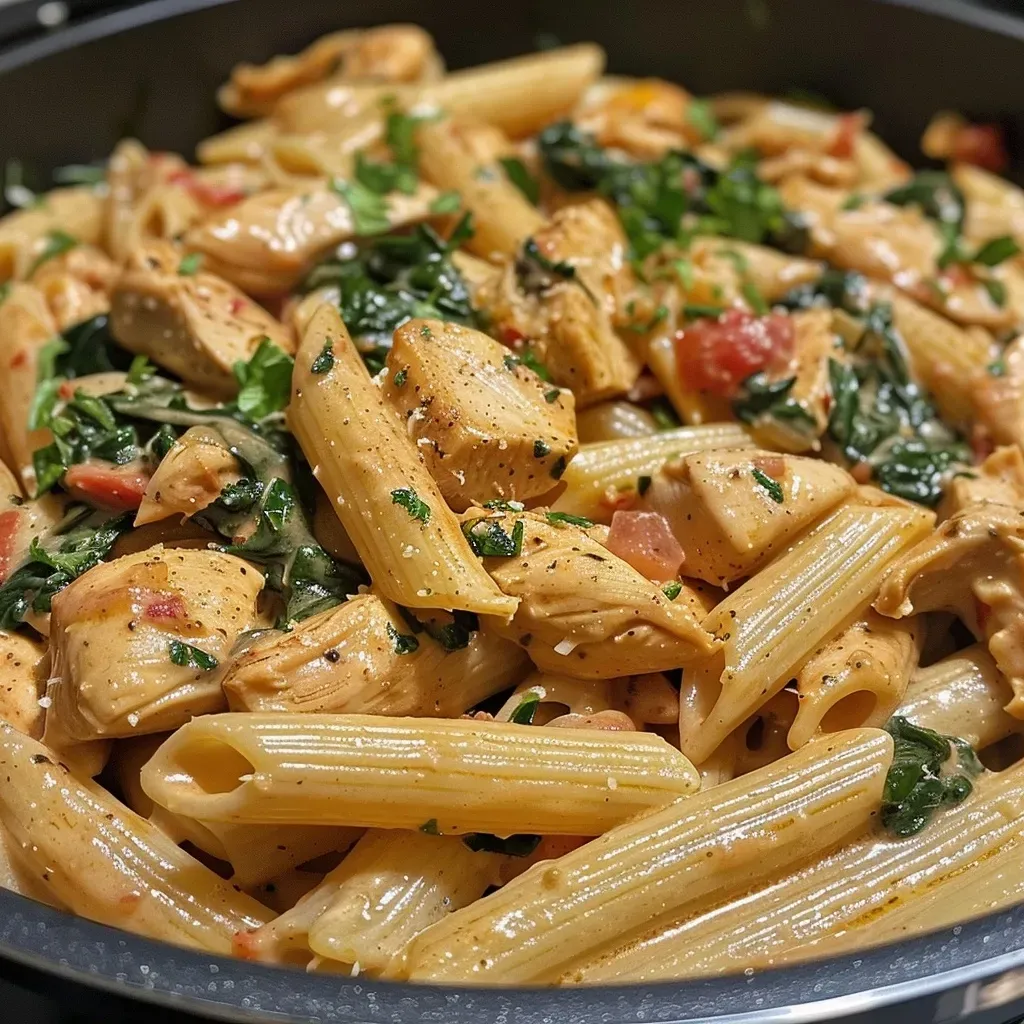Close-up of a bowl filled with healthy garlic parmesan chicken pasta, featuring chicken cubes and green spinach.
