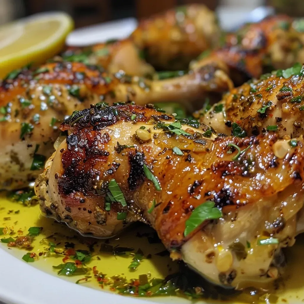 Muslos de pollo al horno con hierbas frescas y aceitunas.