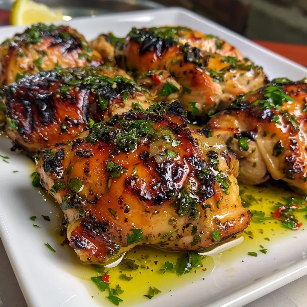Primer plano de Pollo a la Mediterránea jugoso con limón y ajo.