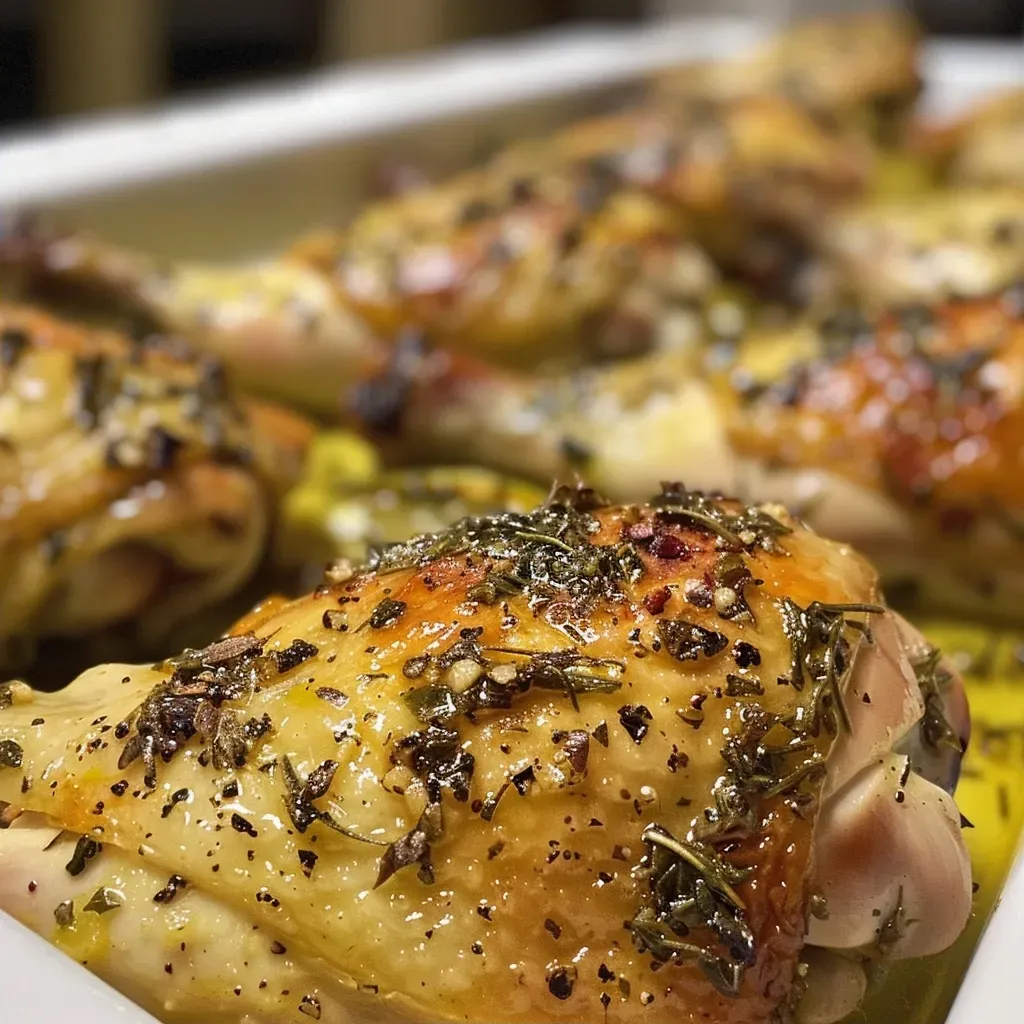 Vista lateral de Pollo al Horno con Limón y Romero, resaltando su jugosidad y color dorado.