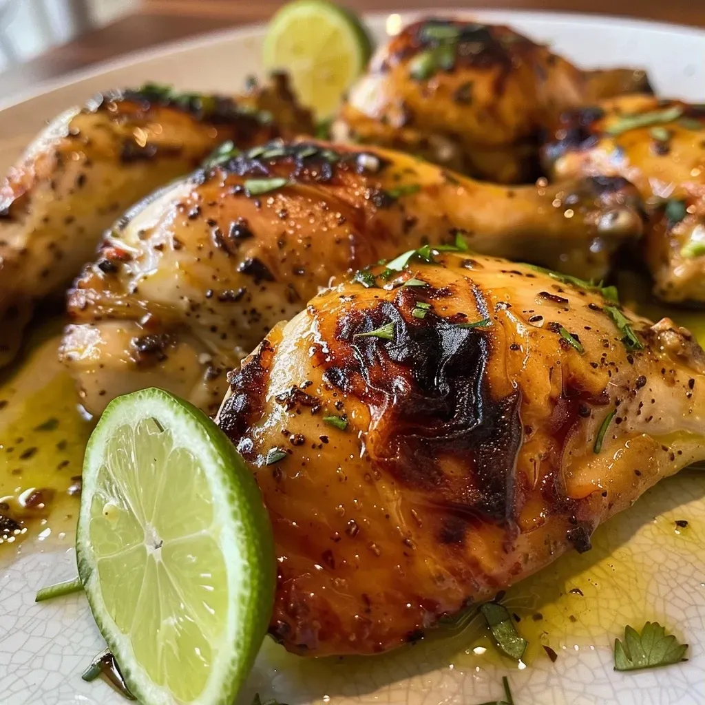 Pollo al Limón y Ajo en un plato, con hierbas frescas decorativas.