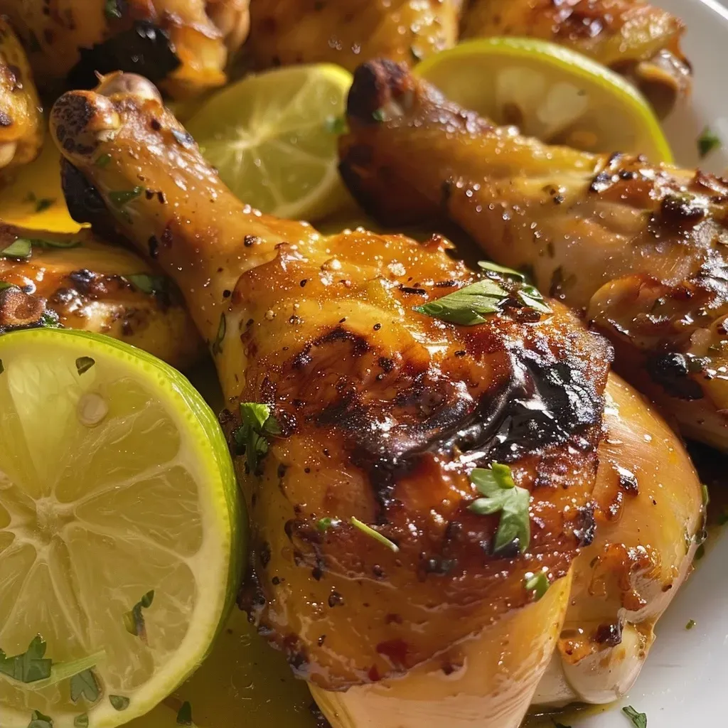 Primer plano de pechugas de pollo jugosas con ajo y limón.