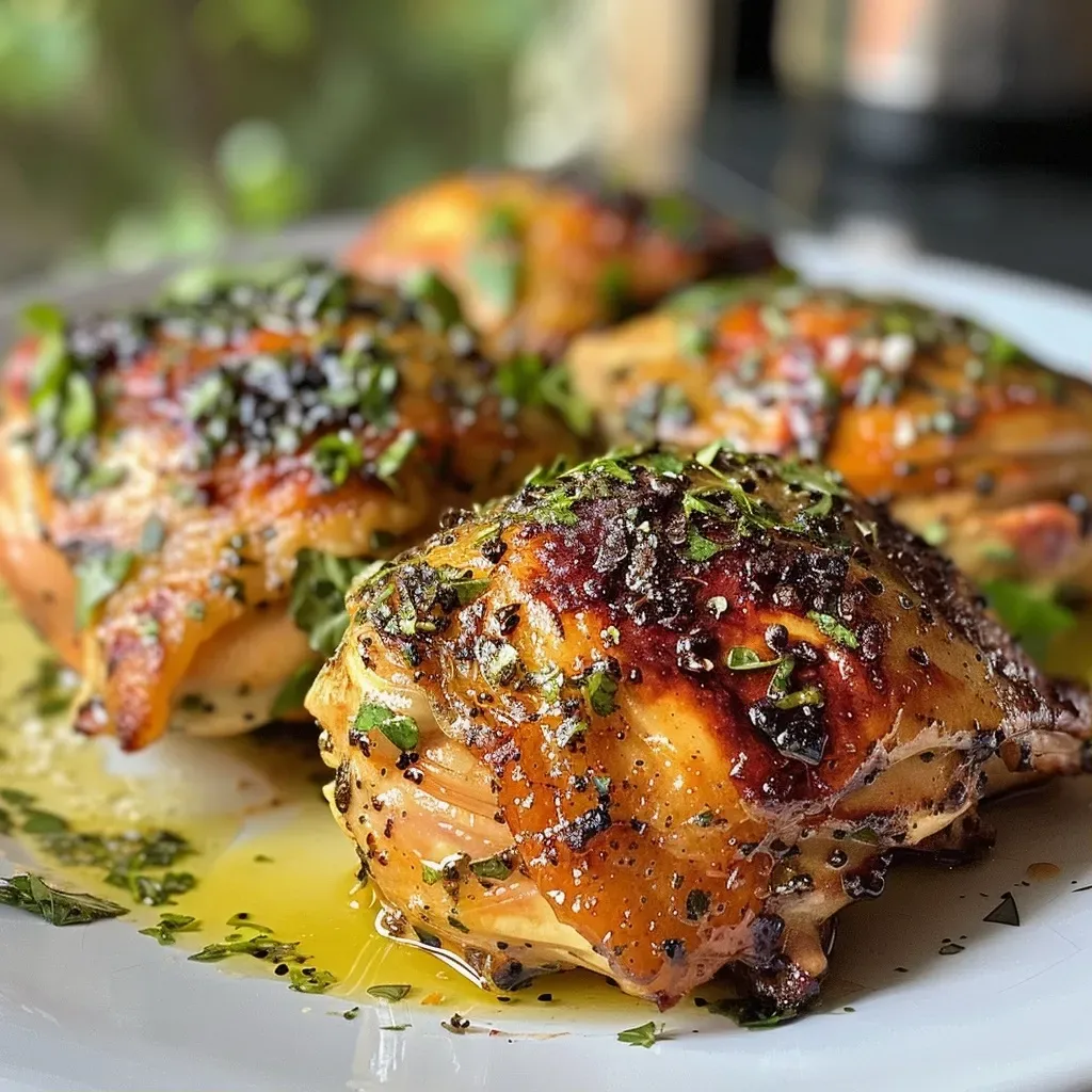 Primer plano de un pollo al limón jugoso en un plato.