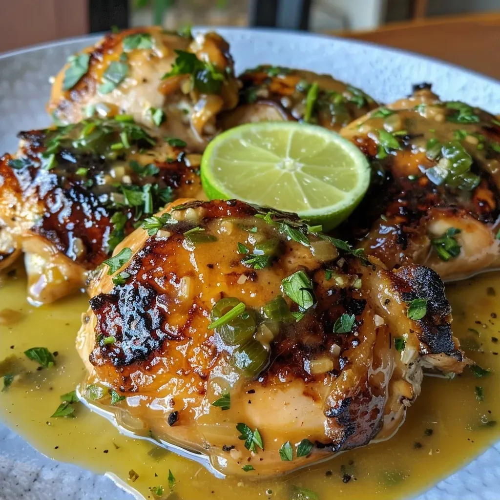 Vista lateral de pechugas de pollo con salsa de limón.