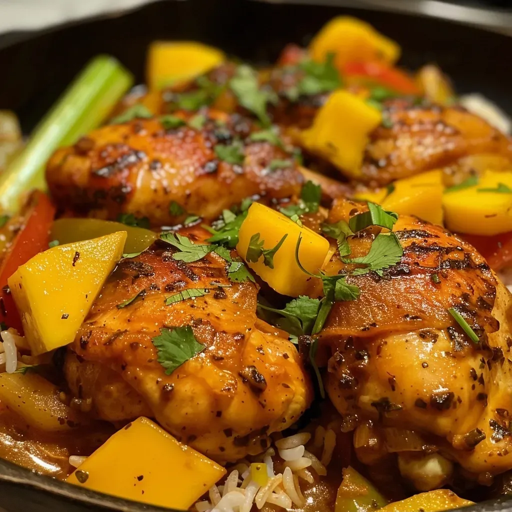 Primer plano de pollo cajún tierno con arroz en una olla.