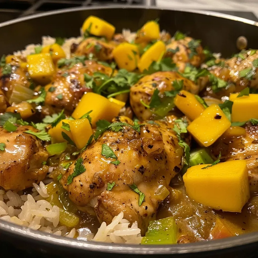 Vista lateral de un plato de pollo y arroz cajún cocido en una olla.