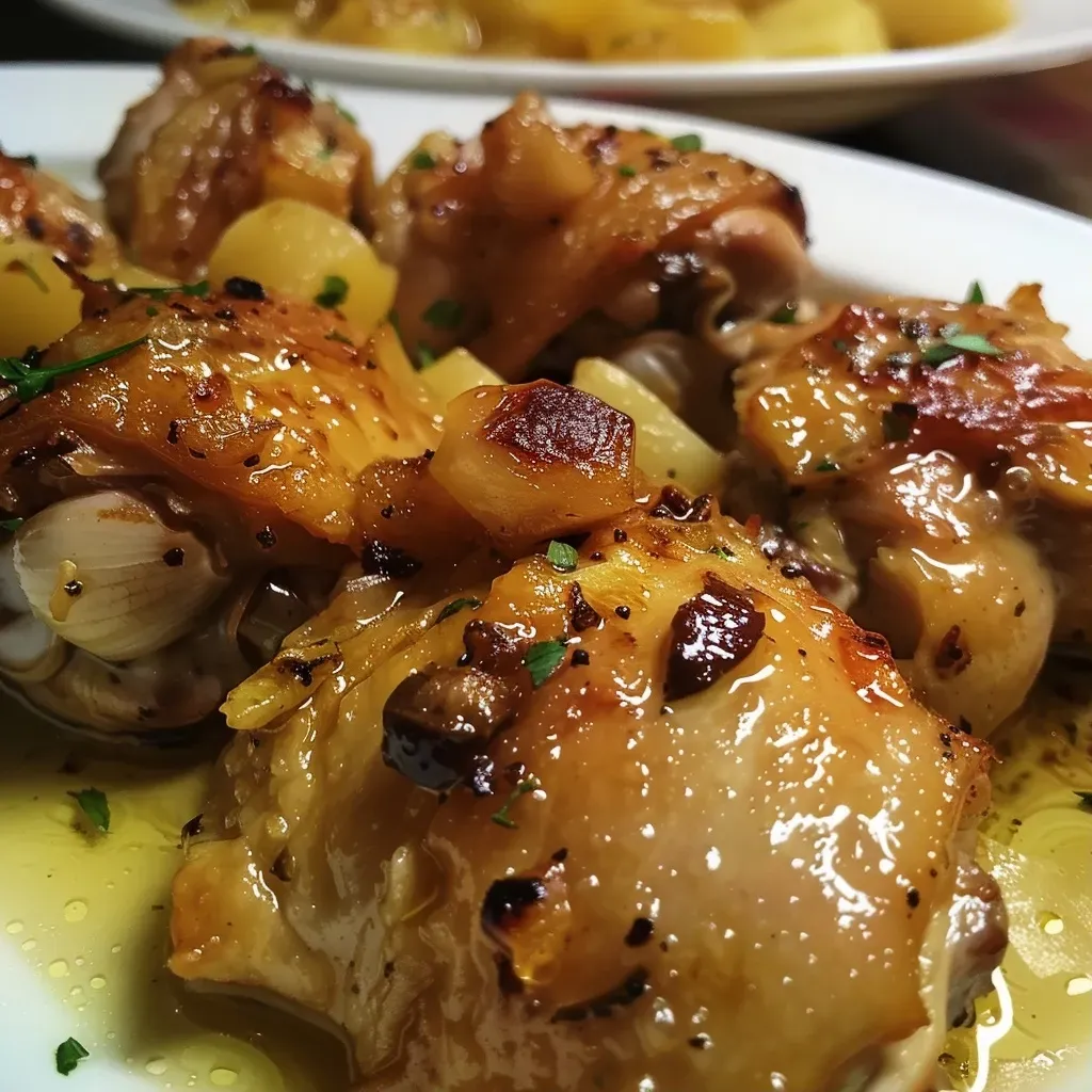Muslos de pollo con miel y ajo glaseados en un plato.