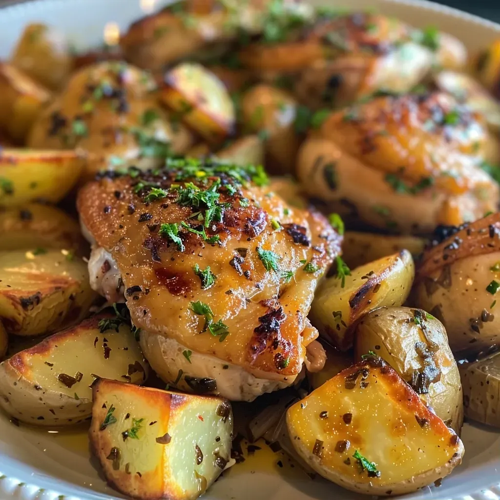 Pollo con papas al horno jugoso presentado en un plato blanco.