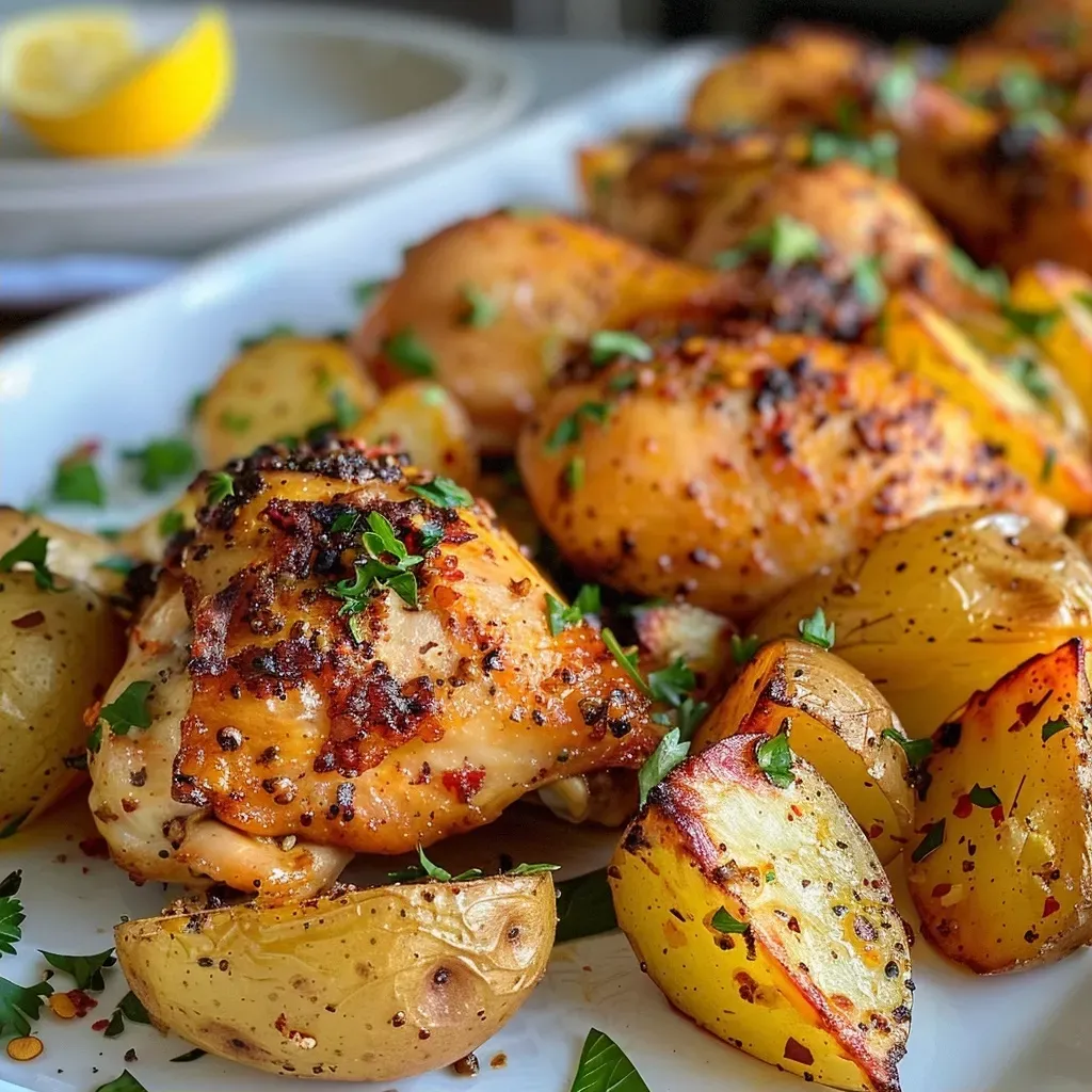 Muslos de pollo dorados y papas al horno en un diseño atractivo.