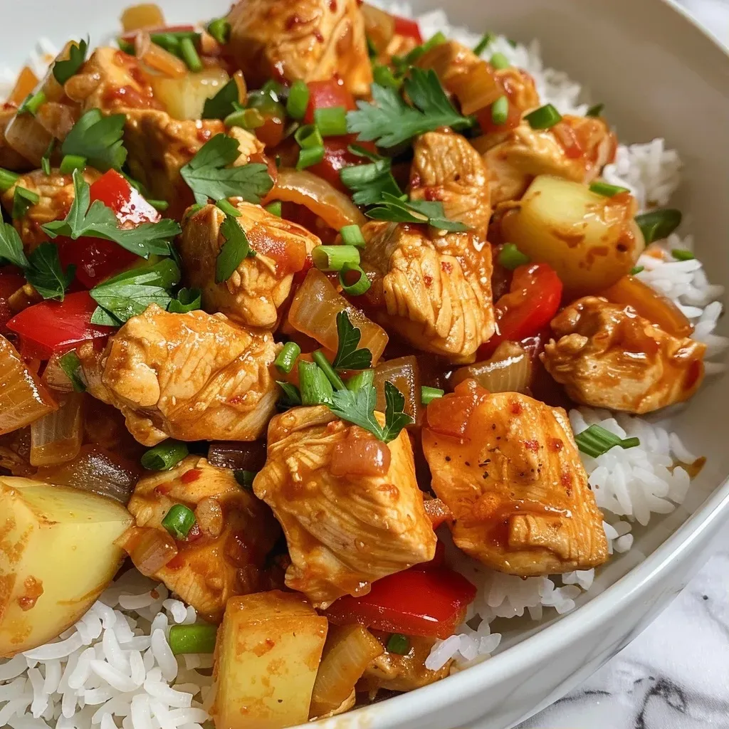 Primer plano de Pollo con Piña y Arroz en un plato, mostrando trozos de pollo y piña.