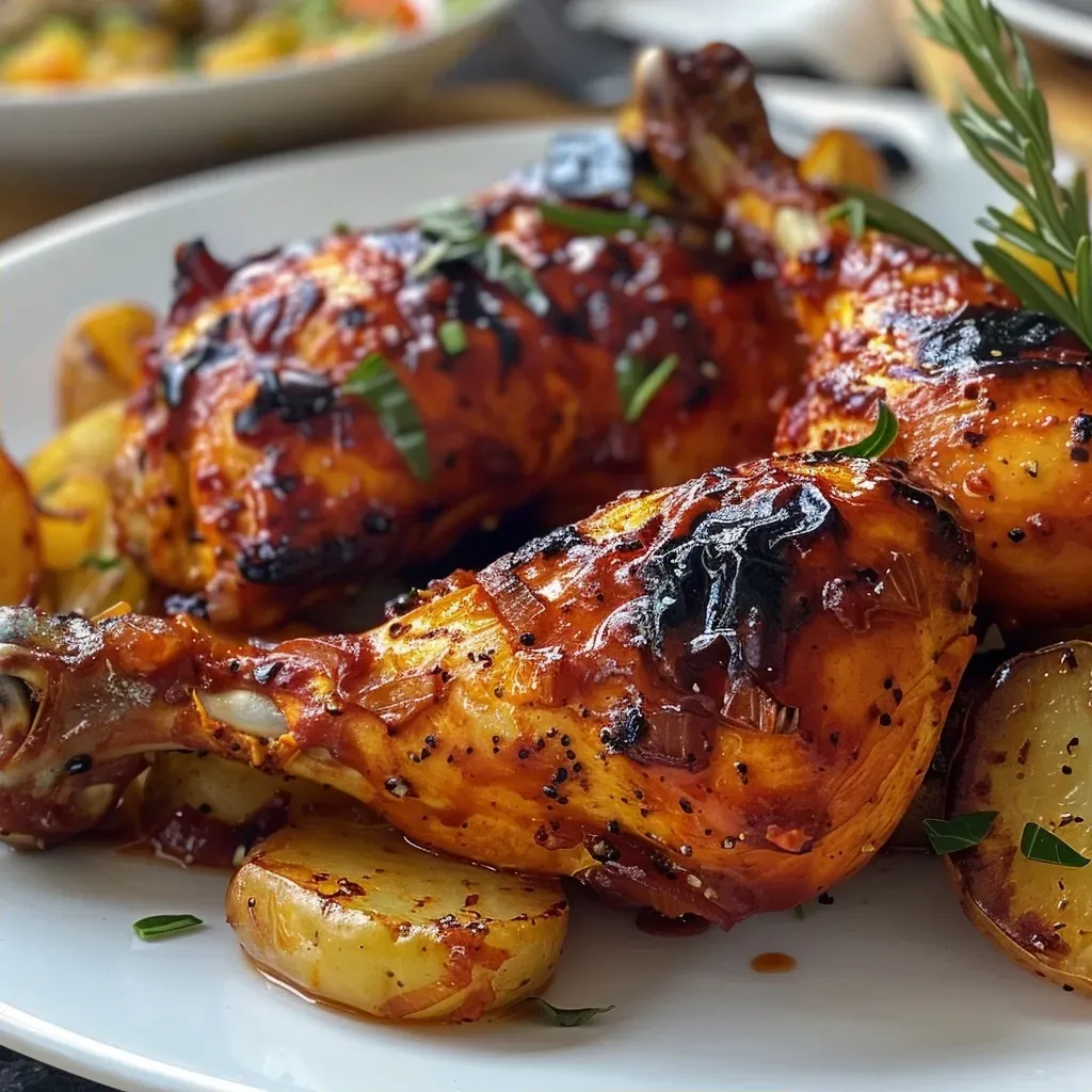 Close-up del pollo en salsa barbecue con hierbas frescas.