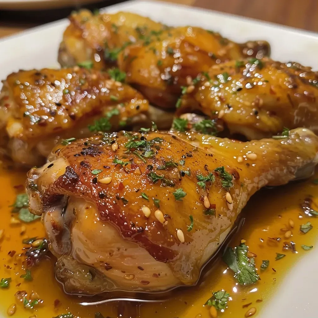 Pechugas de pollo glaseadas en salsa agridulce de naranja, jugosas y brillantes.