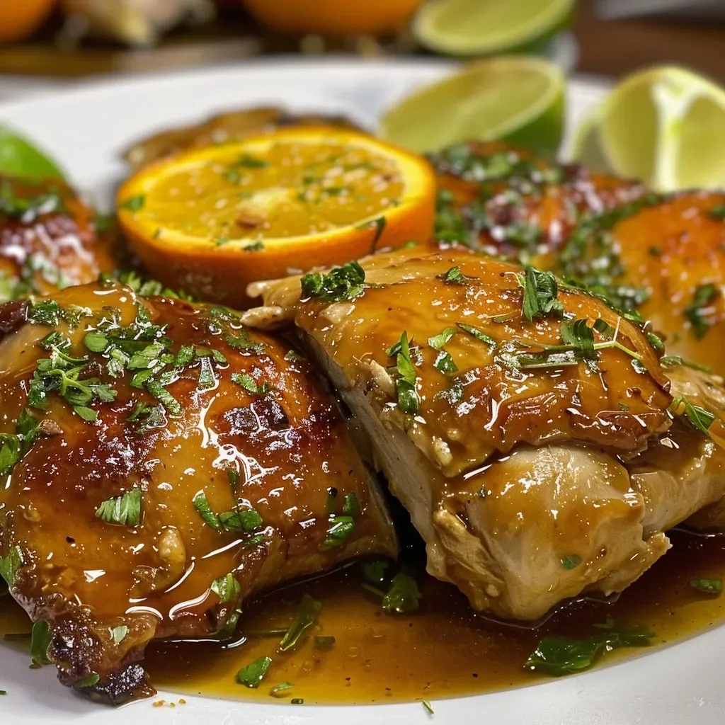 Close up de Pollo Glaseado en Salsa Agridulce de Naranja, mostrando textura y brillo.
