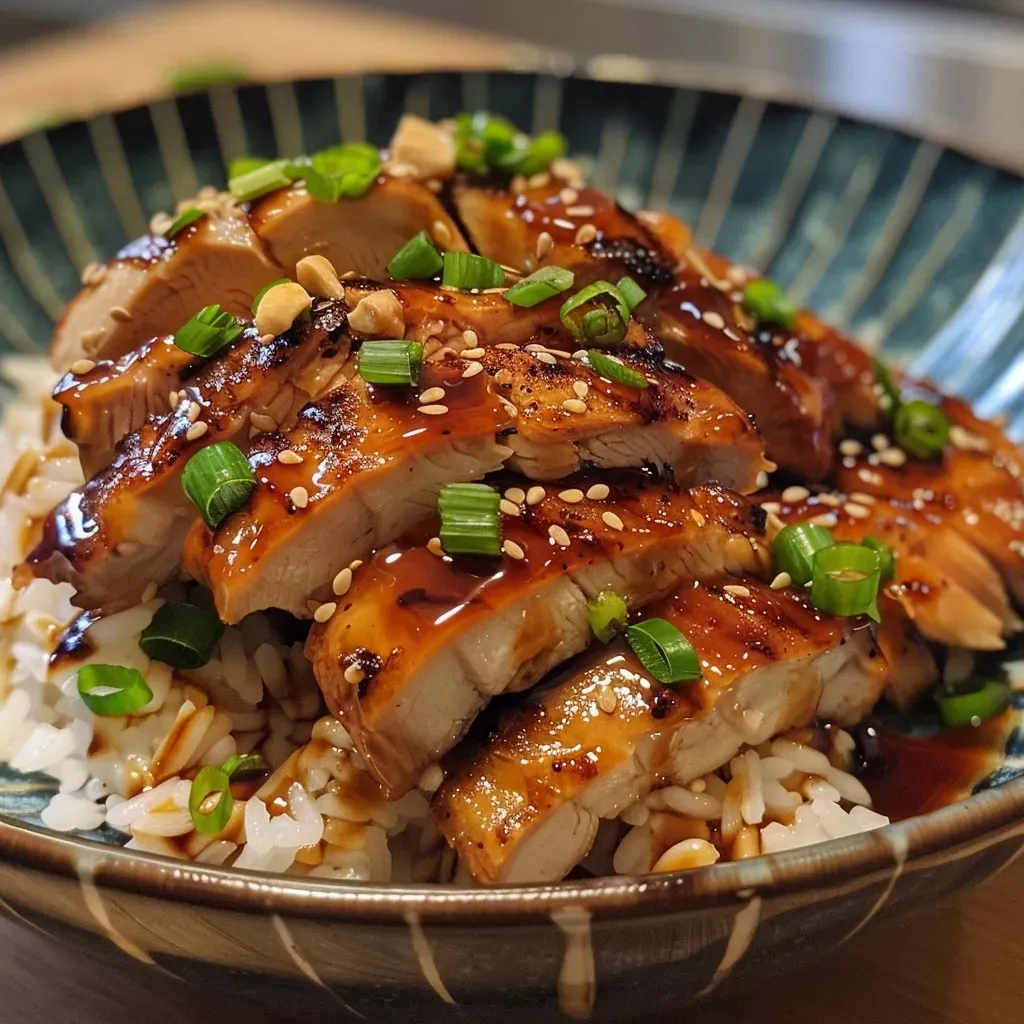 Placa de Pollo teriyaki jugoso, mostrando su brillante salsa y guarnición.