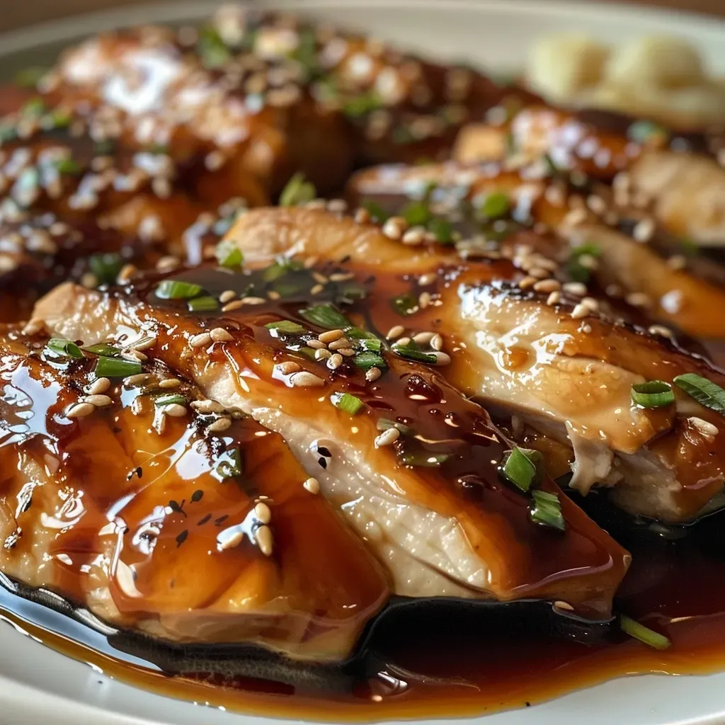 Vista lateral de Pollo teriyaki con salsa oscura y cebollín fresco.