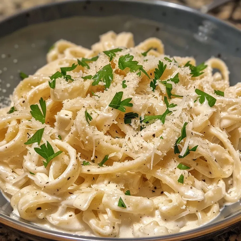 Salsa Alfredo de Requesón en un tazón con fettuccine.