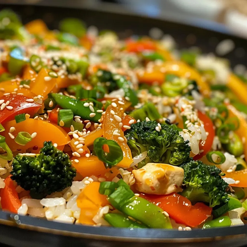Primer plano de un salteado de verduras colorido con arroz.