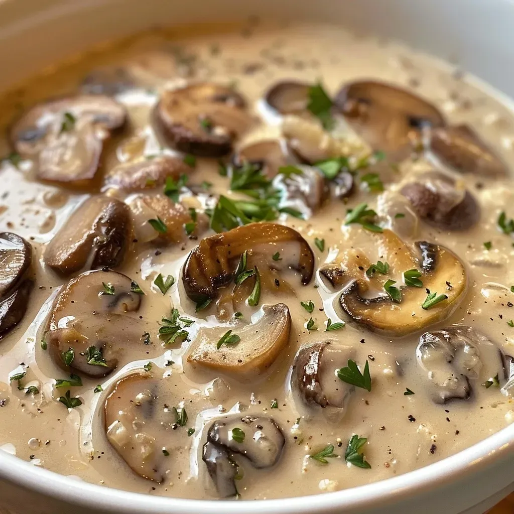 Sopa cremosa de requesón en un tazón, con trozos de champiñones visibles.