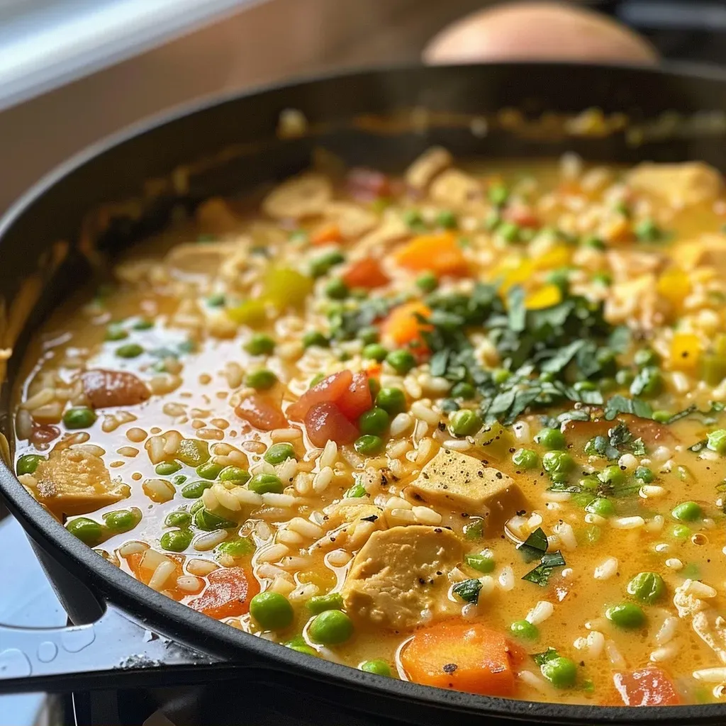 Primer plano de un plato de sopa de arroz con verduras frescas.