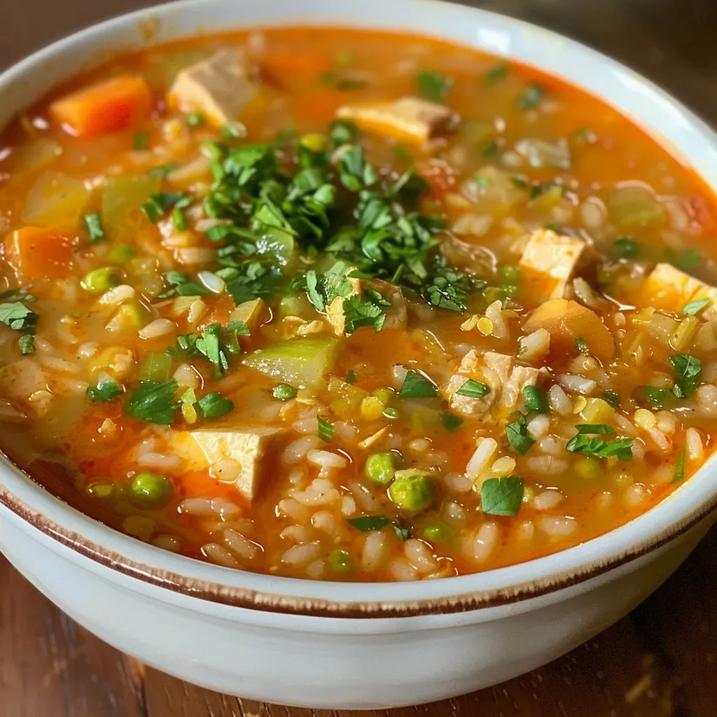 Vista lateral de sopa de arroz con ingredientes coloridos en un tazón.