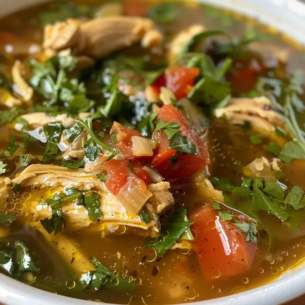 Primer plano de Sopa de Espinacas con Pollo en un tazón.
