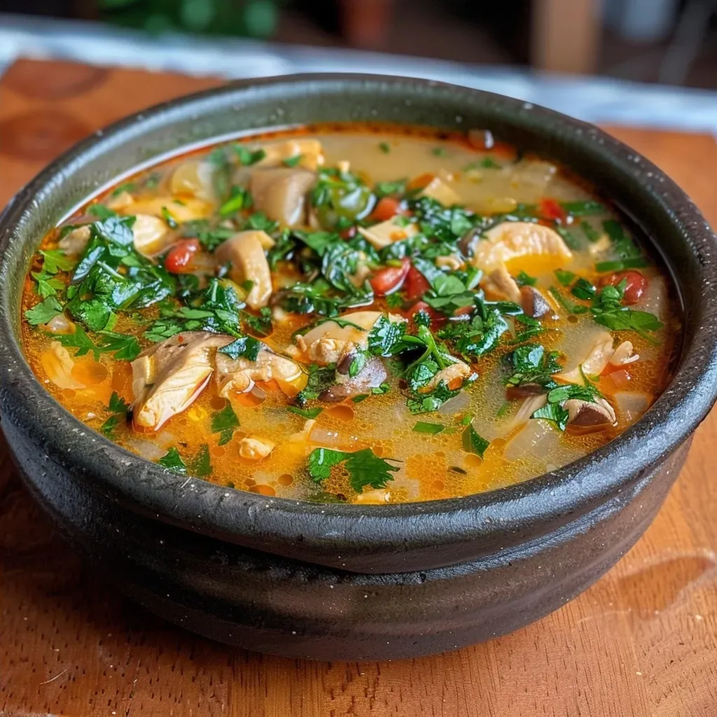 Sopa de Espinacas con Pollo, vista lateral mostrando los ingredientes frescos.