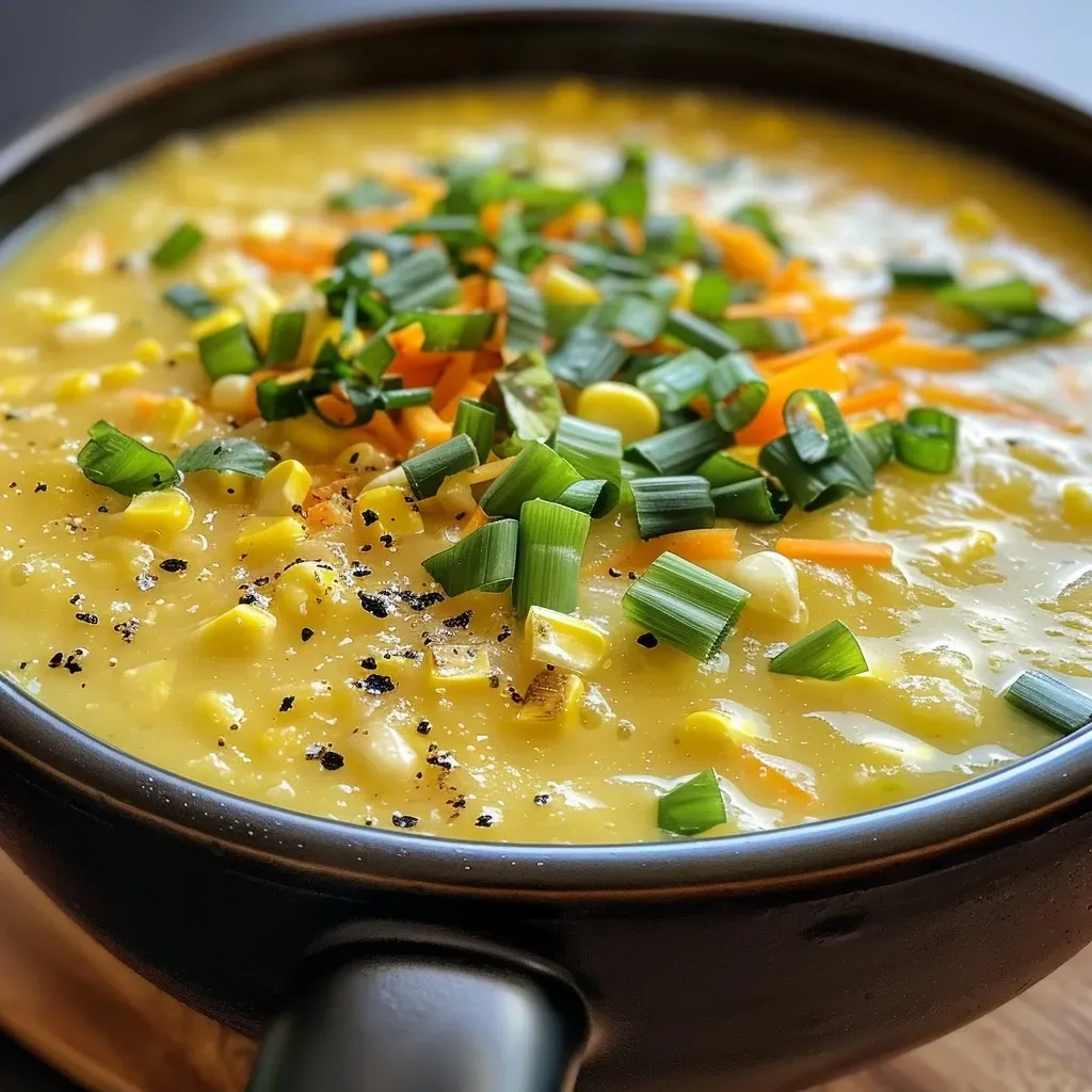 Primer plano de Sopa de Maíz Dulce con maíz y verduras visibles.