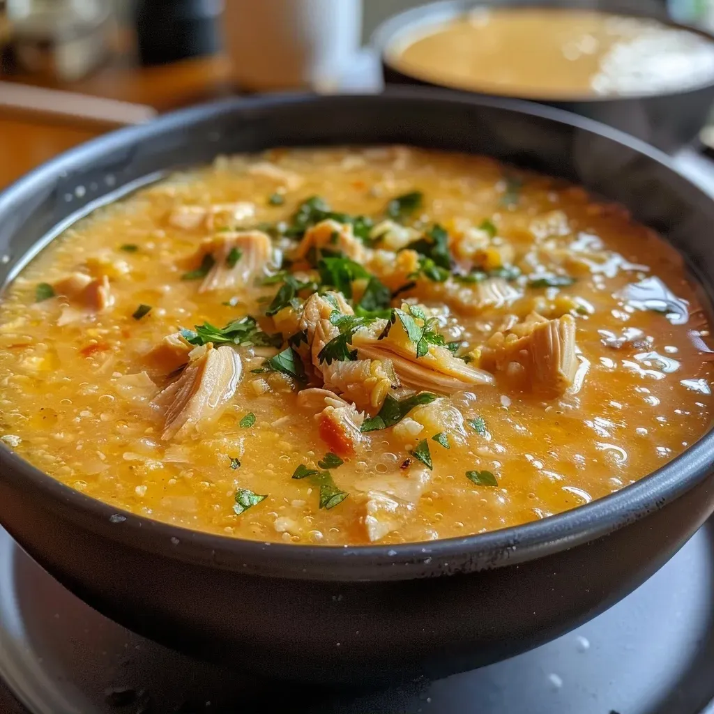 Primer plano de Sopa de maíz y pollo con ingredientes frescos.