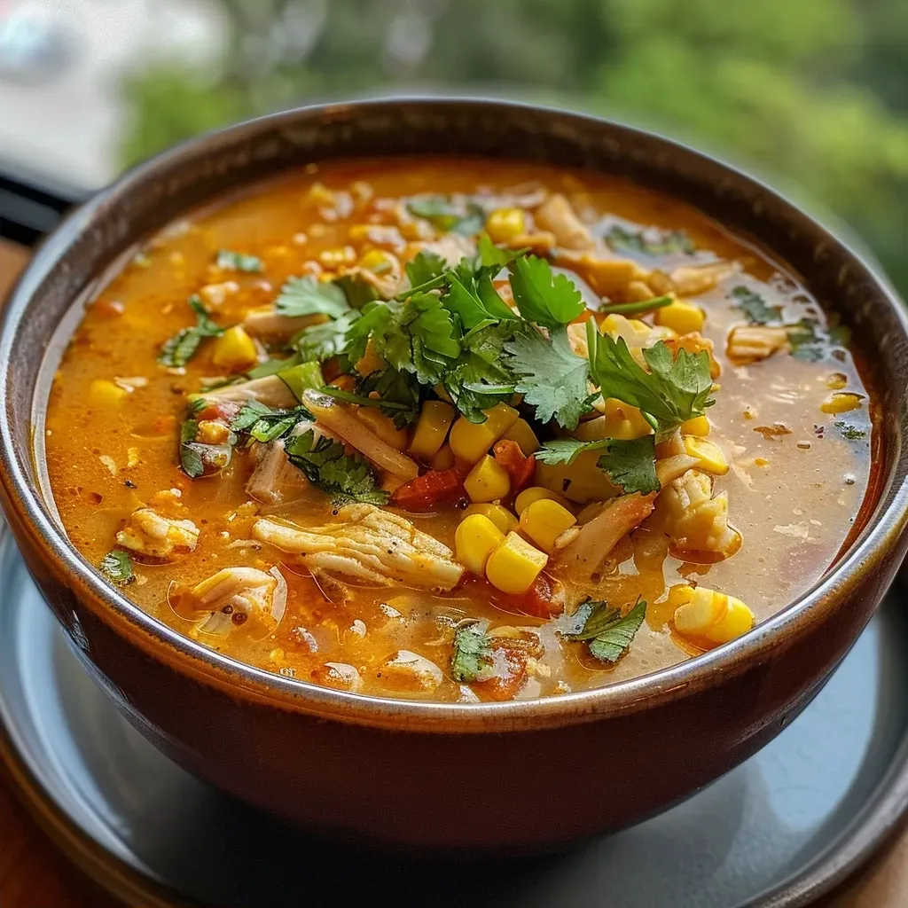 Tazón de Sopa de maíz y pollo mostrando granos de maíz y pollo desmenuzado.