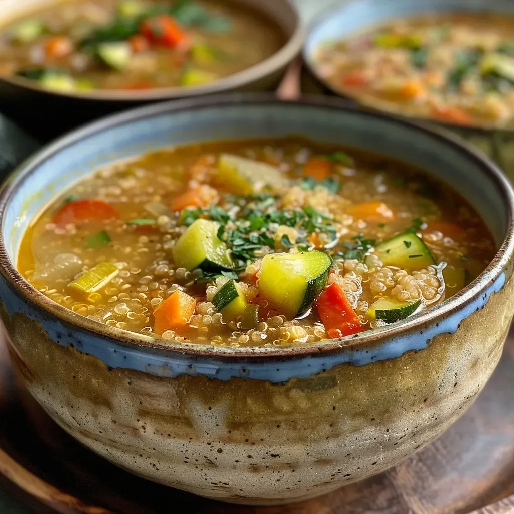 Primer plano de Sopa de Quinoa con verduras y tofu en un tazón.