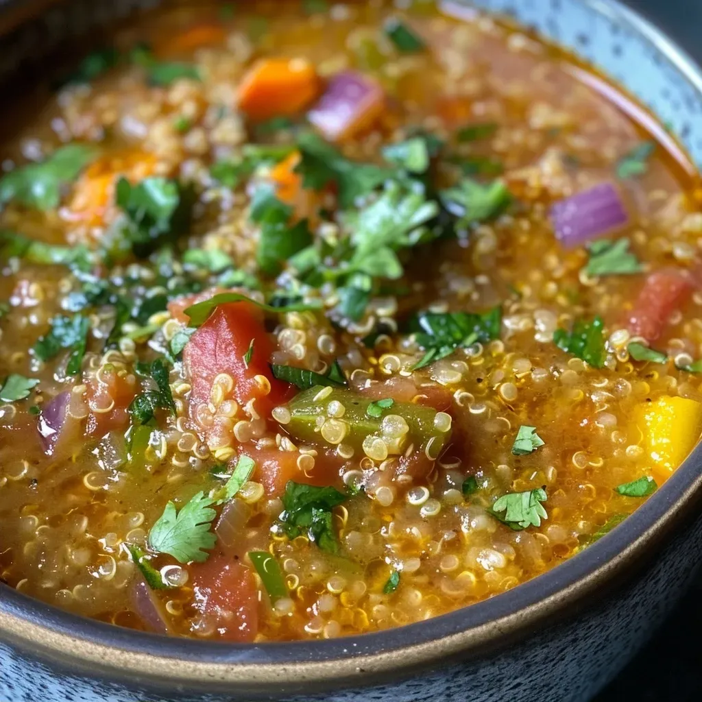 Sopa deliciosa de quinoa y hortalizas servida en un plato.