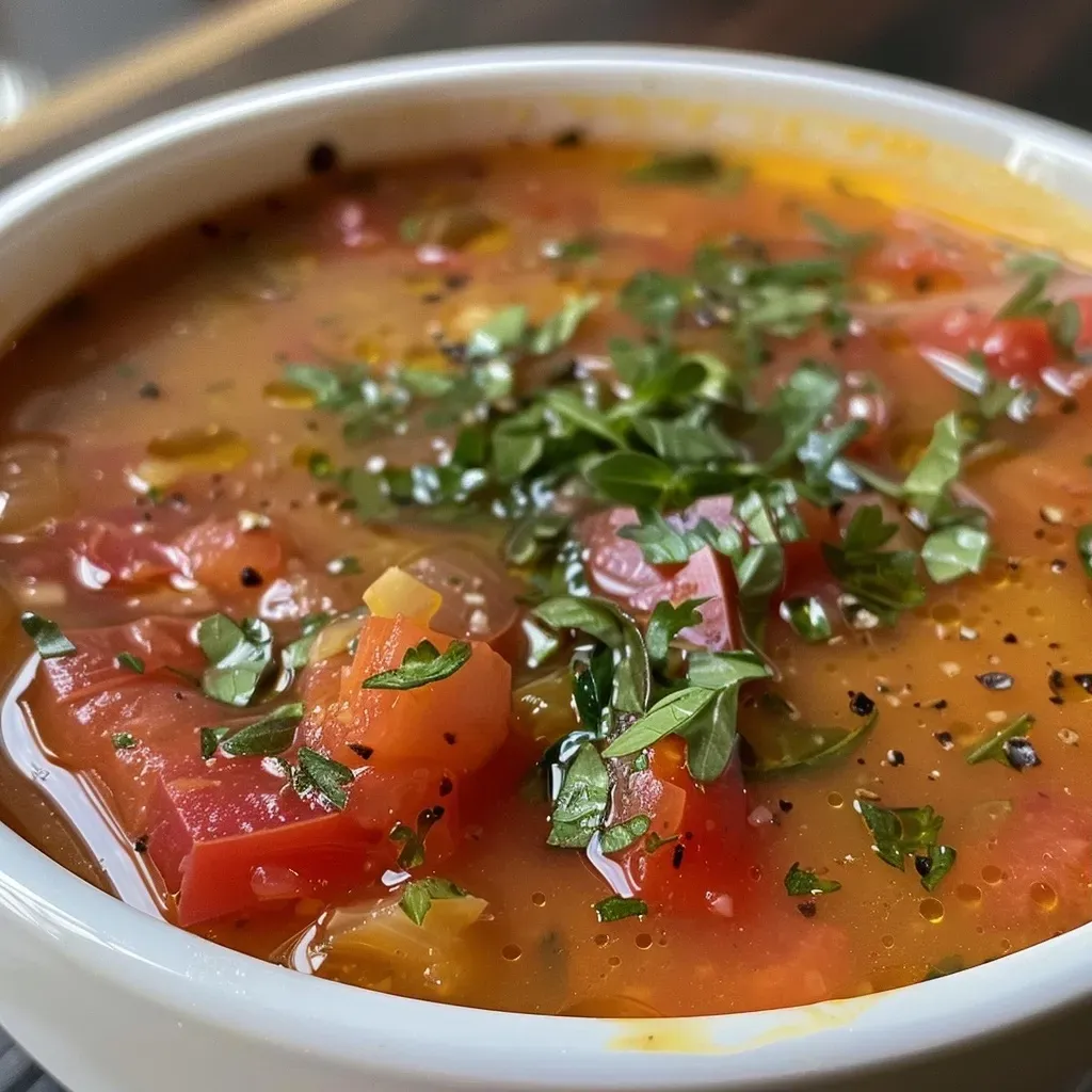 Primer plano de sopa de tomate con trozos de queso cottage.