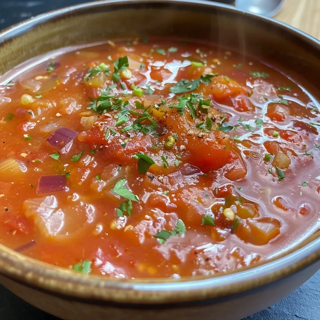 Sopa de tomate servida en un bol blanco con una hoja de albahaca fresca.