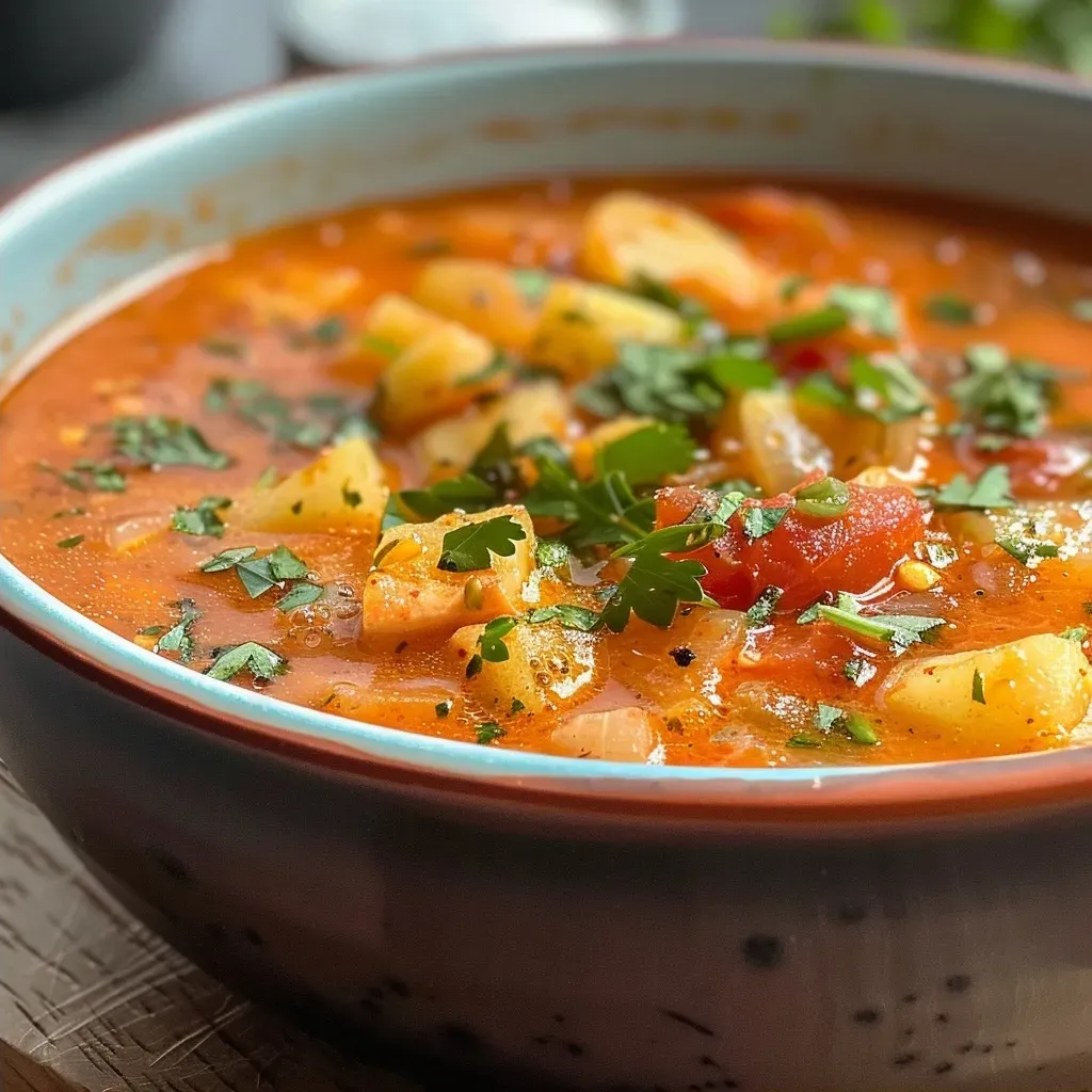 Close up de un plato de sopa de tomate humeante con cebolla y ajo visibles.