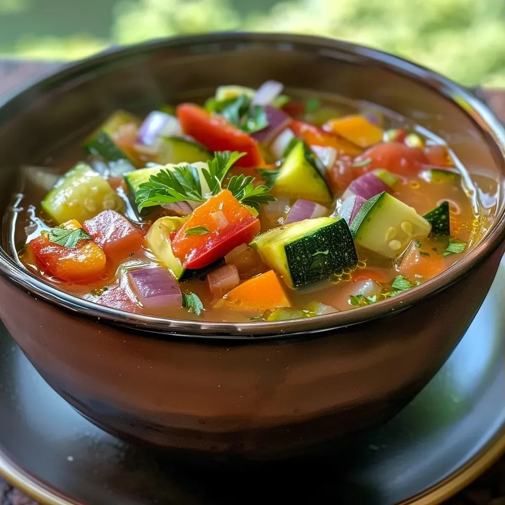 Sopa de verduras mediterránea en primer plano con ingredientes frescos.