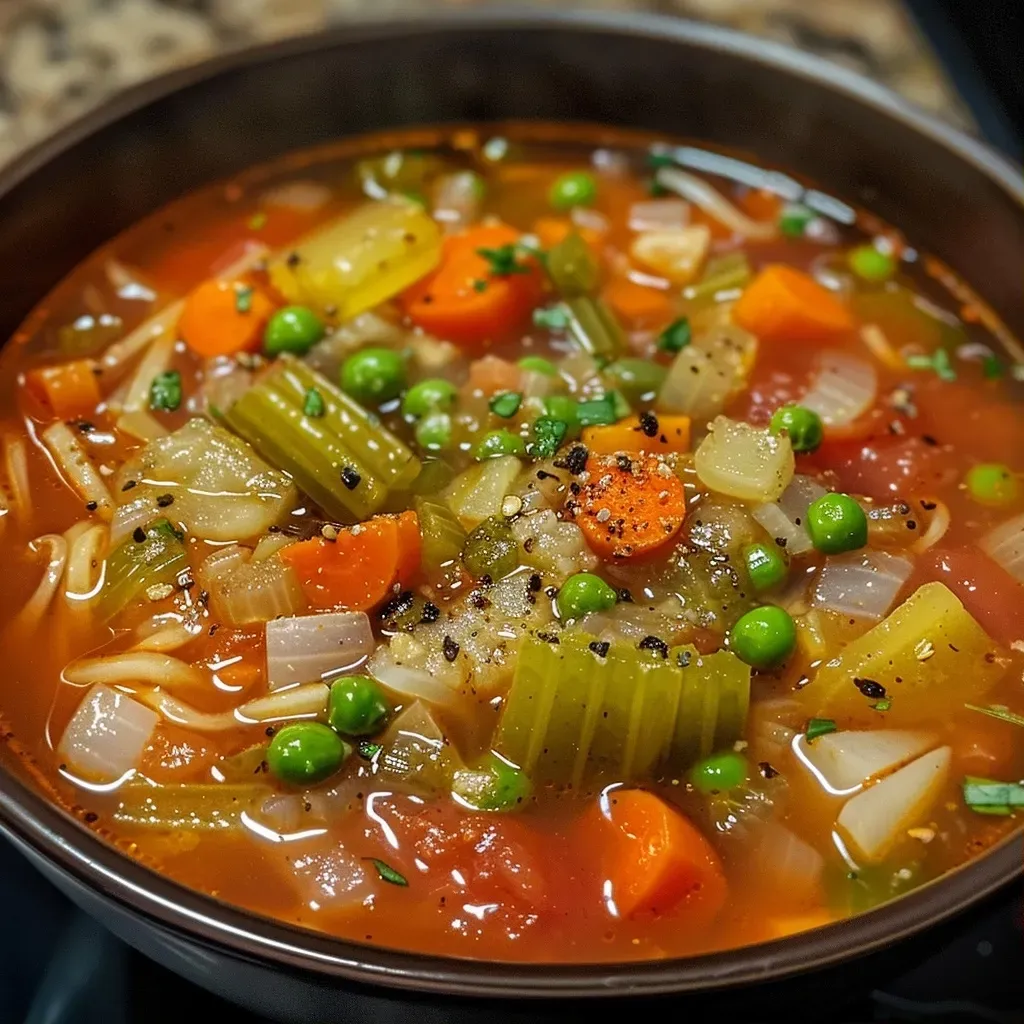 Primer plano de una sopa de verduras colorida en un tazón.